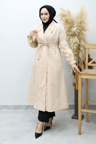 Beli Büzgülü Fermuar Detaylı Trençkot TSD260145 Bej 
