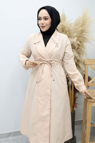 Beli Büzgülü Fermuar Detaylı Trençkot TSD260145 Bej - 2