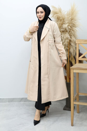 Beli Büzgülü Fermuar Detaylı Trençkot TSD260145 Bej - 3