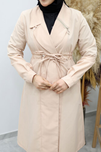 Beli Büzgülü Fermuar Detaylı Trençkot TSD260145 Bej - 4