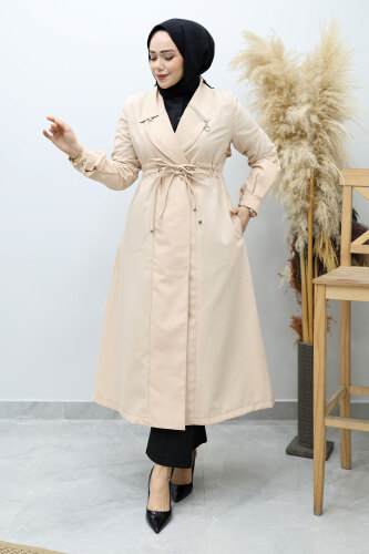 Beli Büzgülü Fermuar Detaylı Trençkot TSD260145 Bej - 5