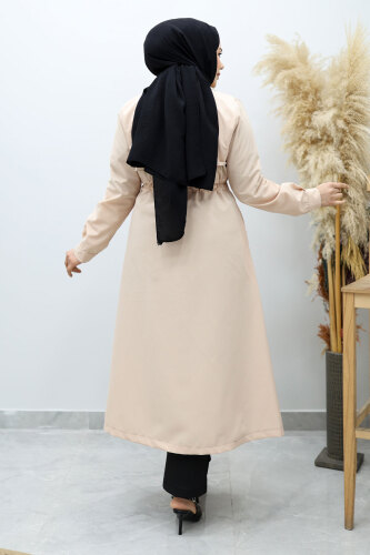 Beli Büzgülü Fermuar Detaylı Trençkot TSD260145 Bej - 6