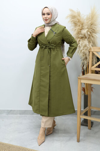 Beli Büzgülü Fermuar Detaylı Trençkot TSD260145 Haki - 1