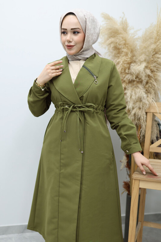 Beli Büzgülü Fermuar Detaylı Trençkot TSD260145 Haki - Tesettür Dünyası (1)