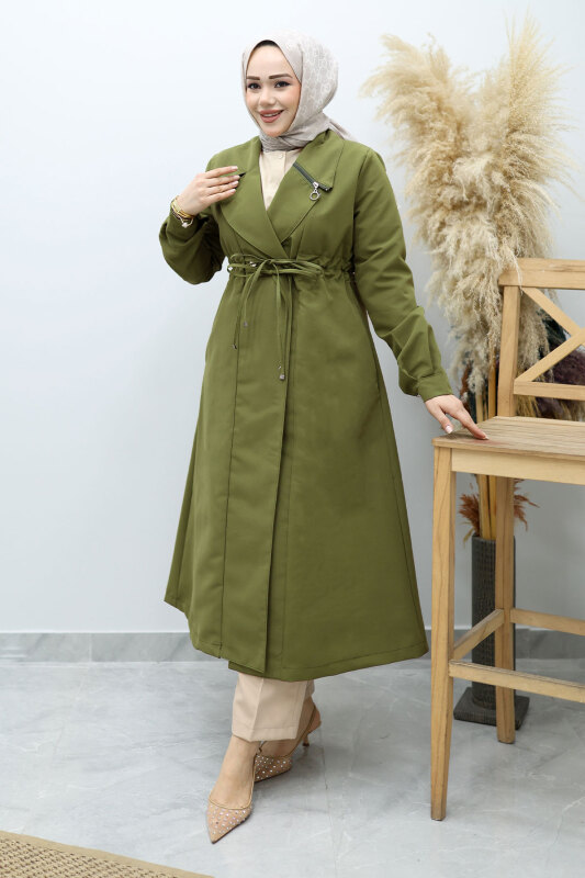 Beli Büzgülü Fermuar Detaylı Trençkot TSD260145 Haki - 3