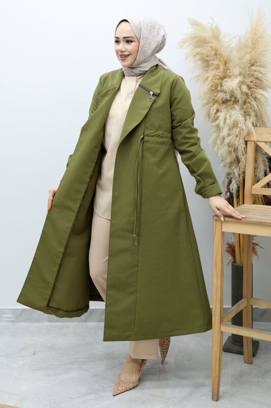 Beli Büzgülü Fermuar Detaylı Trençkot TSD260145 Haki - 5