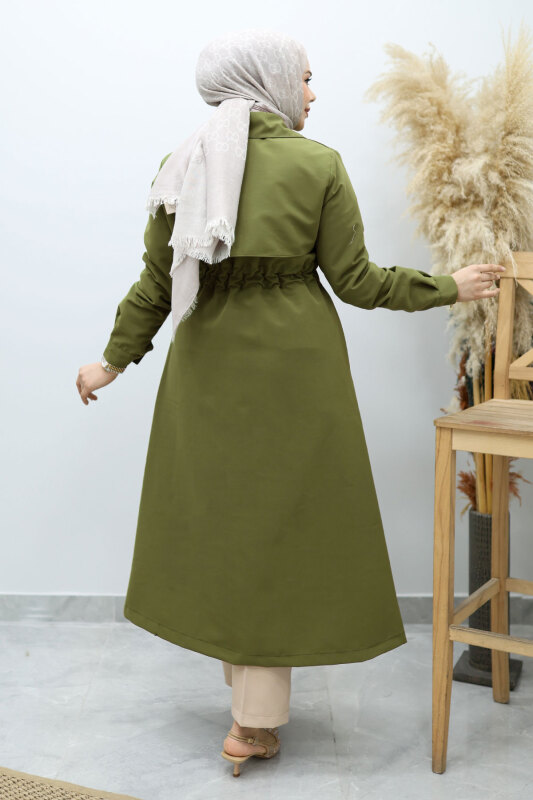 Beli Büzgülü Fermuar Detaylı Trençkot TSD260145 Haki - 6