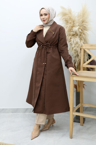 Beli Büzgülü Fermuar Detaylı Trençkot TSD260145 Kahverengi 