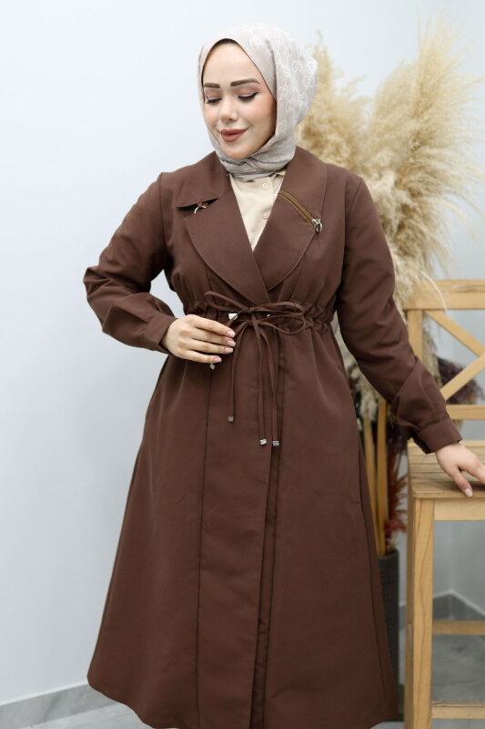Beli Büzgülü Fermuar Detaylı Trençkot TSD260145 Kahverengi - Tesettür Dünyası (1)