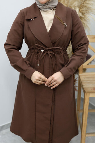 Beli Büzgülü Fermuar Detaylı Trençkot TSD260145 Kahverengi - 4