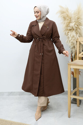 Beli Büzgülü Fermuar Detaylı Trençkot TSD260145 Kahverengi - 5