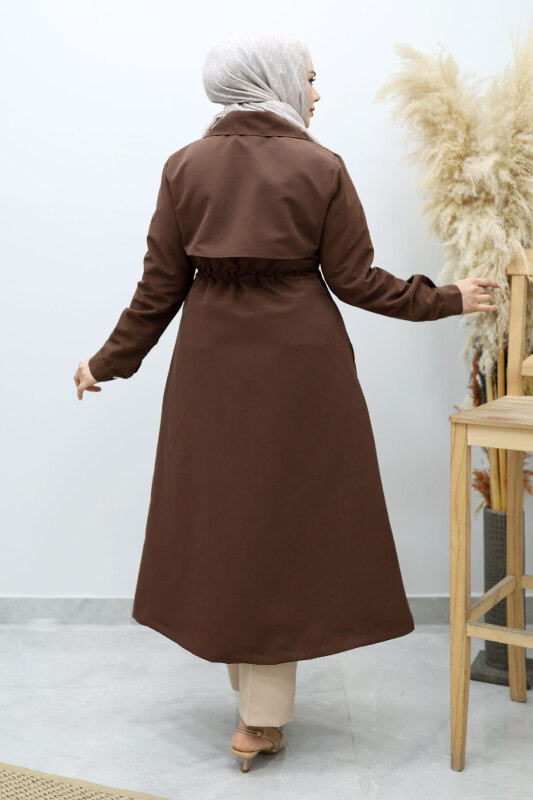 Beli Büzgülü Fermuar Detaylı Trençkot TSD260145 Kahverengi - 6