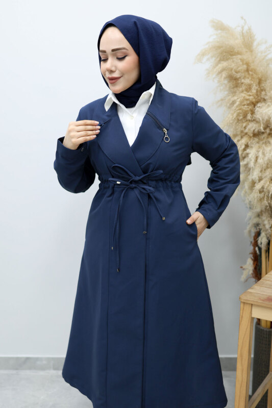 Beli Büzgülü Fermuar Detaylı Trençkot TSD260145 Lacivert - Tesettür Dünyası (1)
