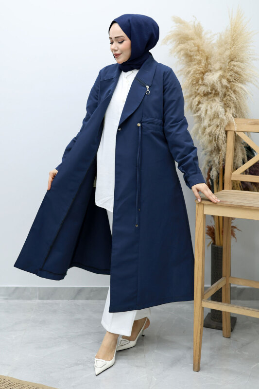 Beli Büzgülü Fermuar Detaylı Trençkot TSD260145 Lacivert - 3