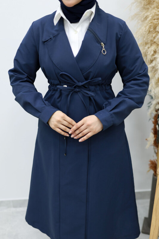Beli Büzgülü Fermuar Detaylı Trençkot TSD260145 Lacivert - 4