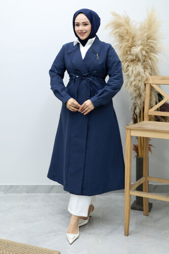 Beli Büzgülü Fermuar Detaylı Trençkot TSD260145 Lacivert - 5