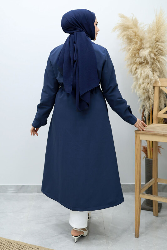 Beli Büzgülü Fermuar Detaylı Trençkot TSD260145 Lacivert - 6
