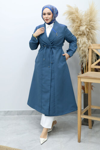 Beli Büzgülü Fermuar Detaylı Trençkot TSD260145 Mavi 