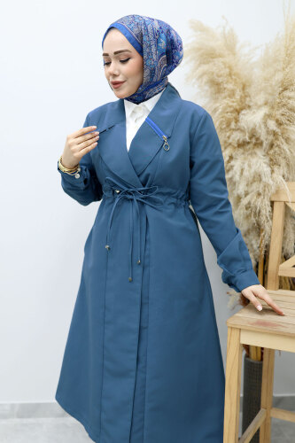 Beli Büzgülü Fermuar Detaylı Trençkot TSD260145 Mavi - 2
