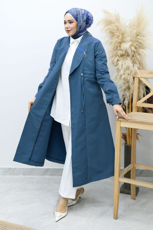 Beli Büzgülü Fermuar Detaylı Trençkot TSD260145 Mavi - 3