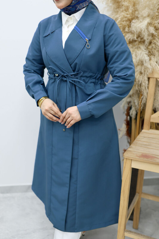 Beli Büzgülü Fermuar Detaylı Trençkot TSD260145 Mavi - 4