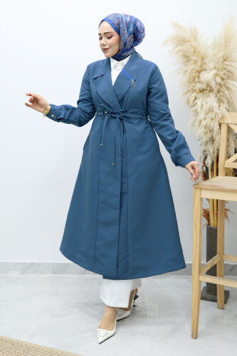 Beli Büzgülü Fermuar Detaylı Trençkot TSD260145 Mavi - 5