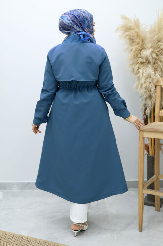 Beli Büzgülü Fermuar Detaylı Trençkot TSD260145 Mavi - 6