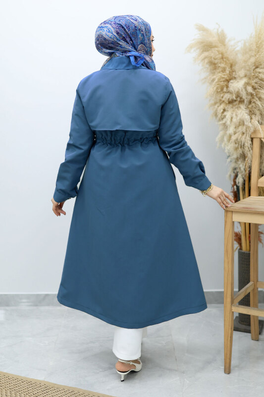 Beli Büzgülü Fermuar Detaylı Trençkot TSD260145 Mavi - 6
