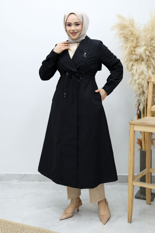 Beli Büzgülü Fermuar Detaylı Trençkot TSD260145 Siyah - Tesettür Dünyası