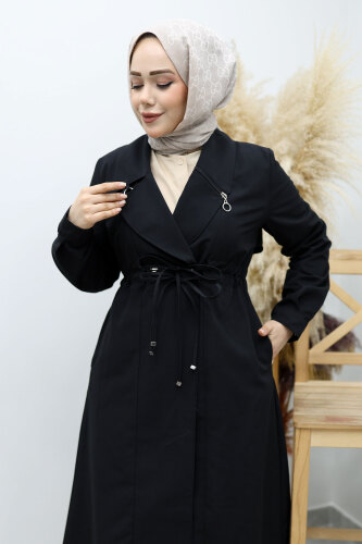 Beli Büzgülü Fermuar Detaylı Trençkot TSD260145 Siyah - 2