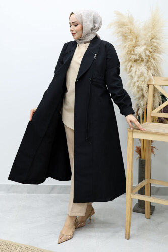 Beli Büzgülü Fermuar Detaylı Trençkot TSD260145 Siyah - 3