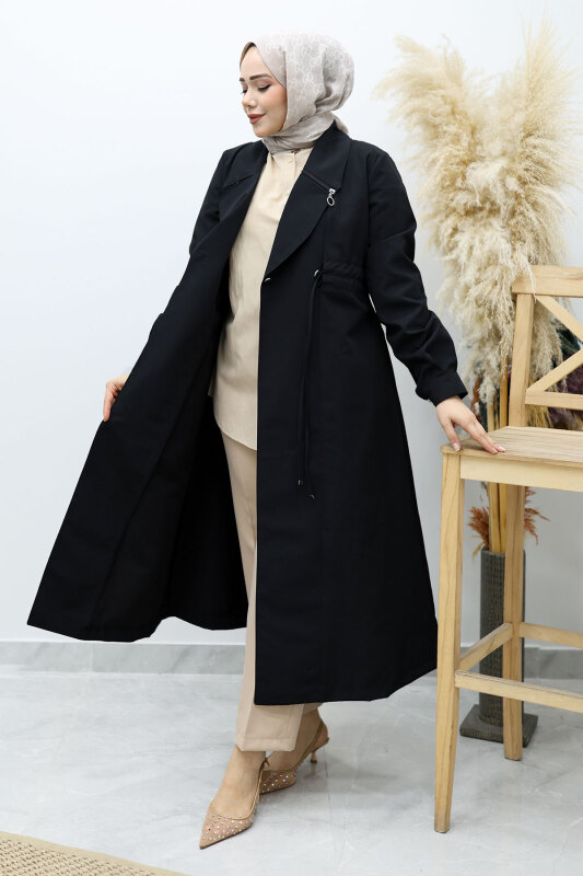 Beli Büzgülü Fermuar Detaylı Trençkot TSD260145 Siyah - 3