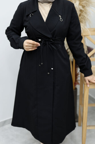 Beli Büzgülü Fermuar Detaylı Trençkot TSD260145 Siyah - 4