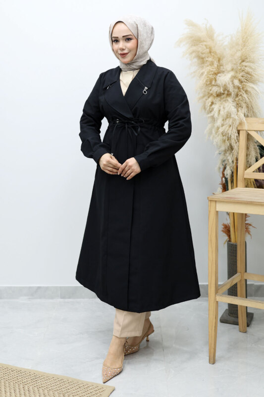 Beli Büzgülü Fermuar Detaylı Trençkot TSD260145 Siyah - 5