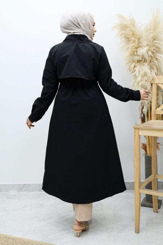 Beli Büzgülü Fermuar Detaylı Trençkot TSD260145 Siyah - 6