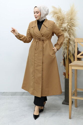 Beli Büzgülü Fermuar Detaylı Trençkot TSD260145 Taba 
