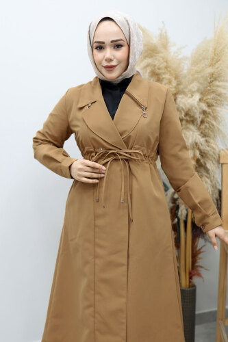 Beli Büzgülü Fermuar Detaylı Trençkot TSD260145 Taba - 2