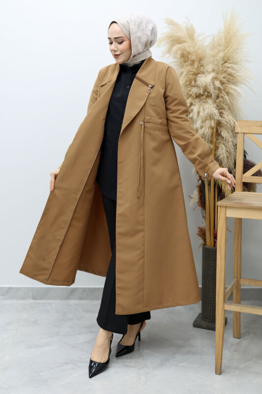 Beli Büzgülü Fermuar Detaylı Trençkot TSD260145 Taba - 3