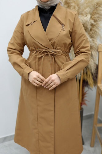 Beli Büzgülü Fermuar Detaylı Trençkot TSD260145 Taba - 4