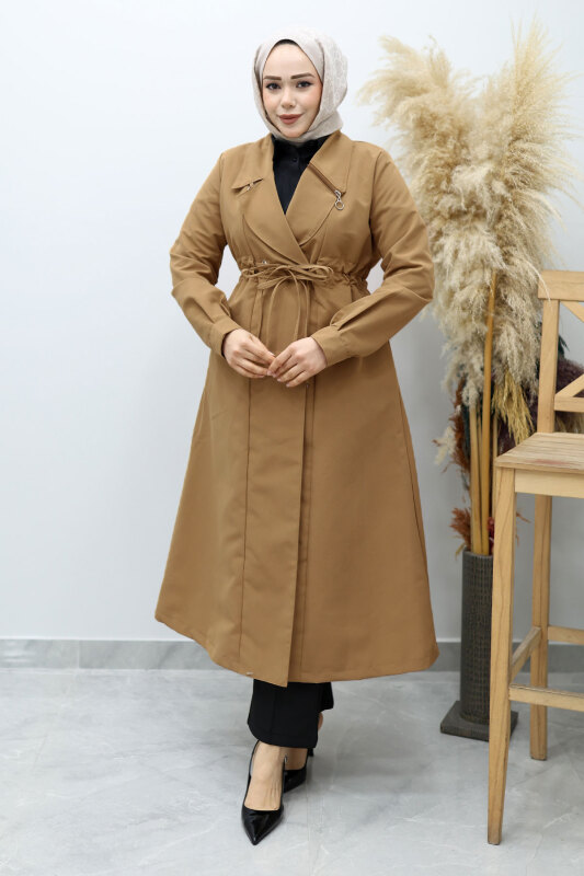 Beli Büzgülü Fermuar Detaylı Trençkot TSD260145 Taba - 5
