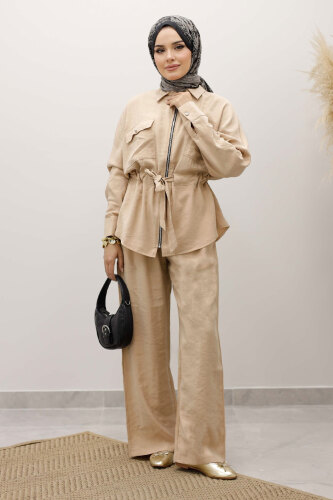 Beli Büzgülü Fermuarlı İkili Takım TSD250252 Bej - 1