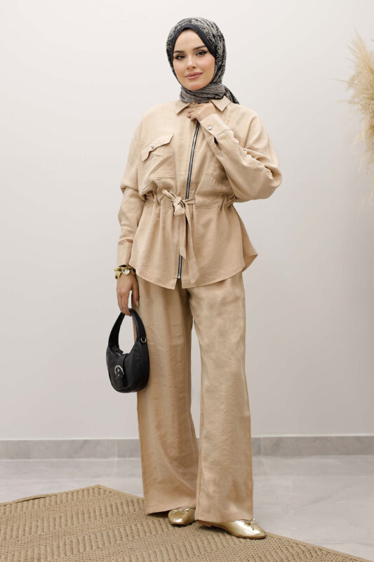 Beli Büzgülü Fermuarlı İkili Takım TSD250252 Bej - Tesettür Dünyası