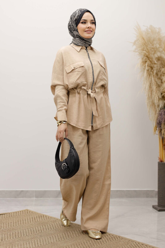 Beli Büzgülü Fermuarlı İkili Takım TSD250252 Bej - 3