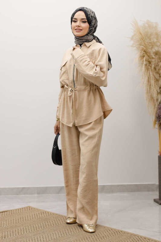 Beli Büzgülü Fermuarlı İkili Takım TSD250252 Bej - 4