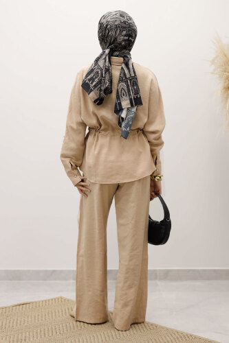 Beli Büzgülü Fermuarlı İkili Takım TSD250252 Bej - 6