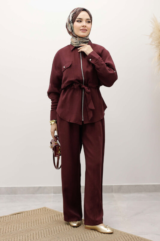 Beli Büzgülü Fermuarlı İkili Takım TSD250252 Bordo - 3