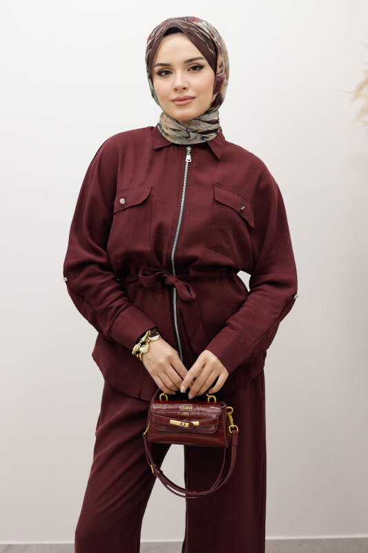 Beli Büzgülü Fermuarlı İkili Takım TSD250252 Bordo - Tesettür Dünyası (1)