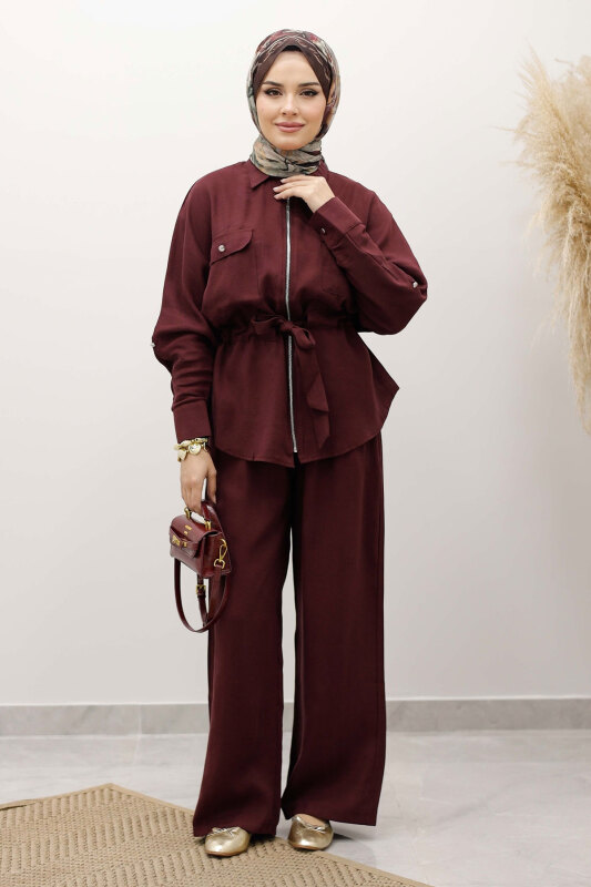 Beli Büzgülü Fermuarlı İkili Takım TSD250252 Bordo - 4