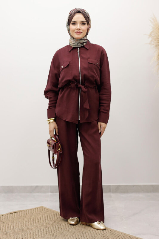 Beli Büzgülü Fermuarlı İkili Takım TSD250252 Bordo - Tesettür Dünyası
