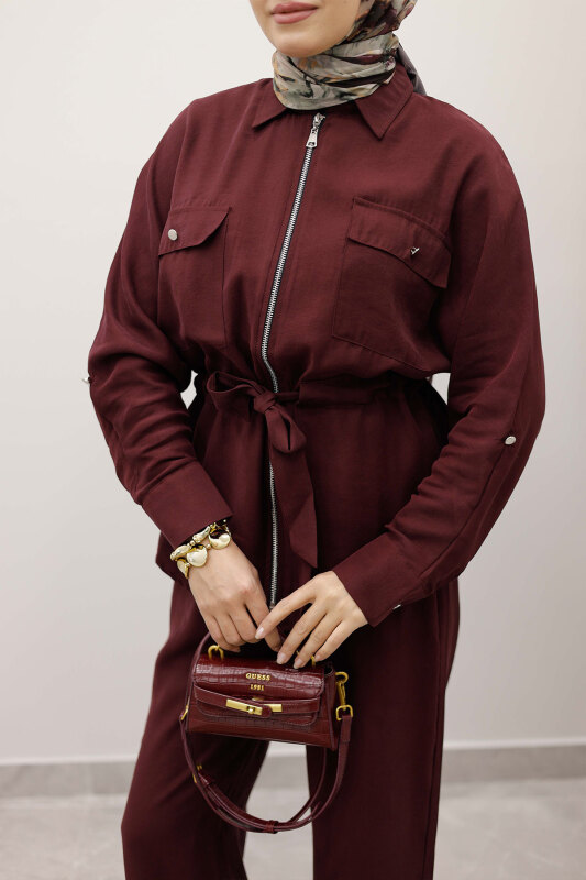 Beli Büzgülü Fermuarlı İkili Takım TSD250252 Bordo - 5